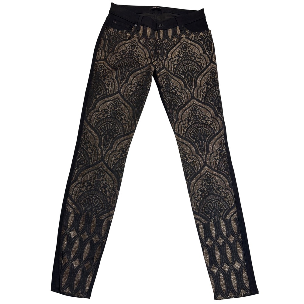7 For All Mankind Skinny Jeans Womens Black Gold Excellent Brocade Damask Sz 28